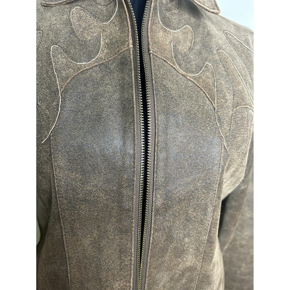 Vintage Leather Jacket Womens M Brown Distressed Flame Embroidery Western Good - Picture 12 of 17